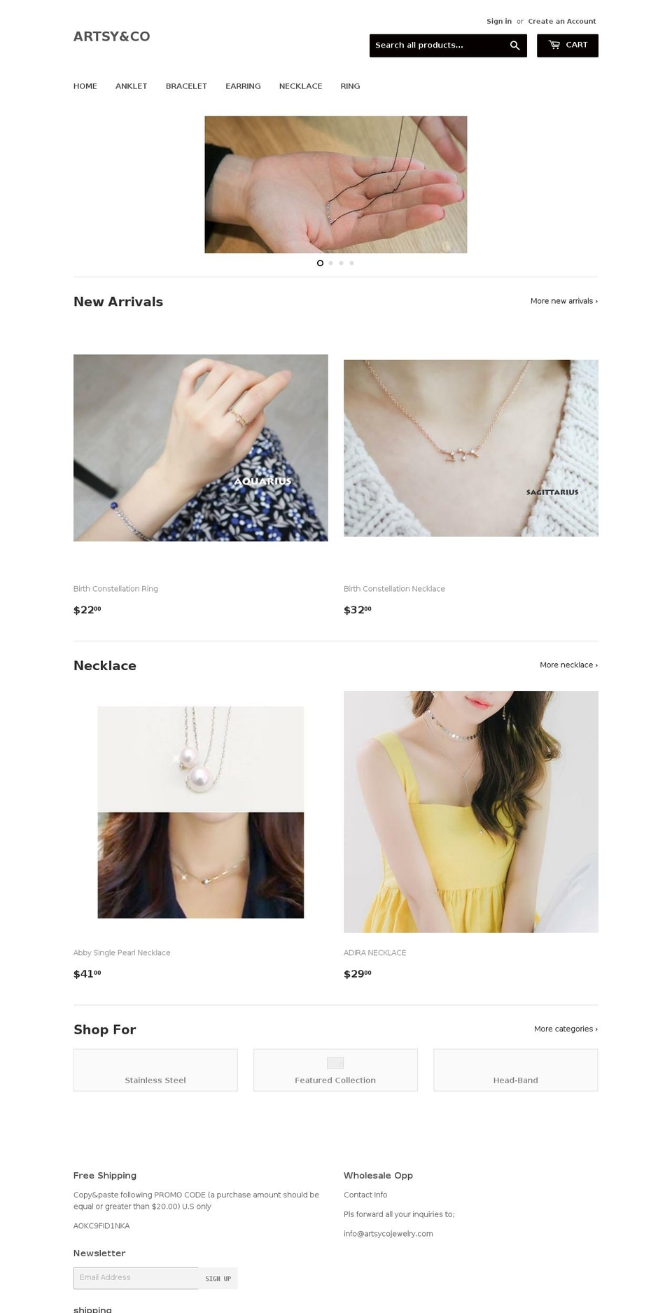 artsycojewelry.com — Shopify storefront screenshot