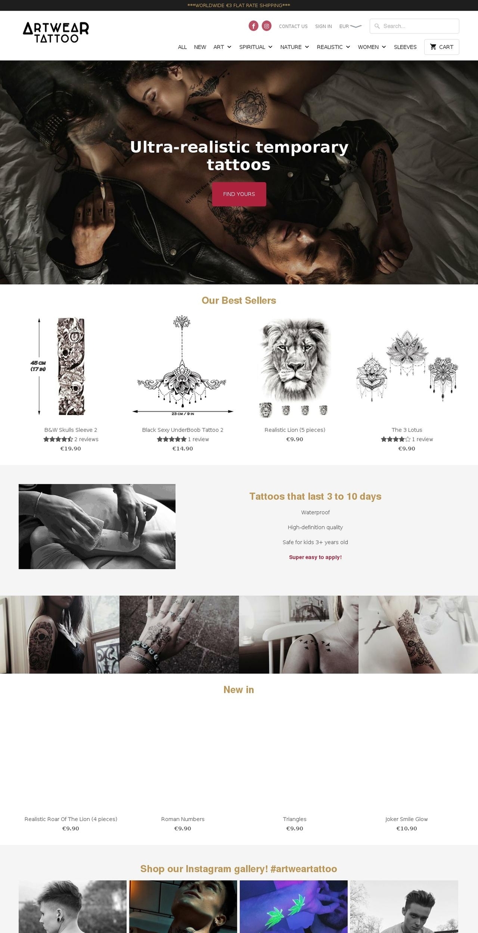 artweartattoo.com shopify website screenshot