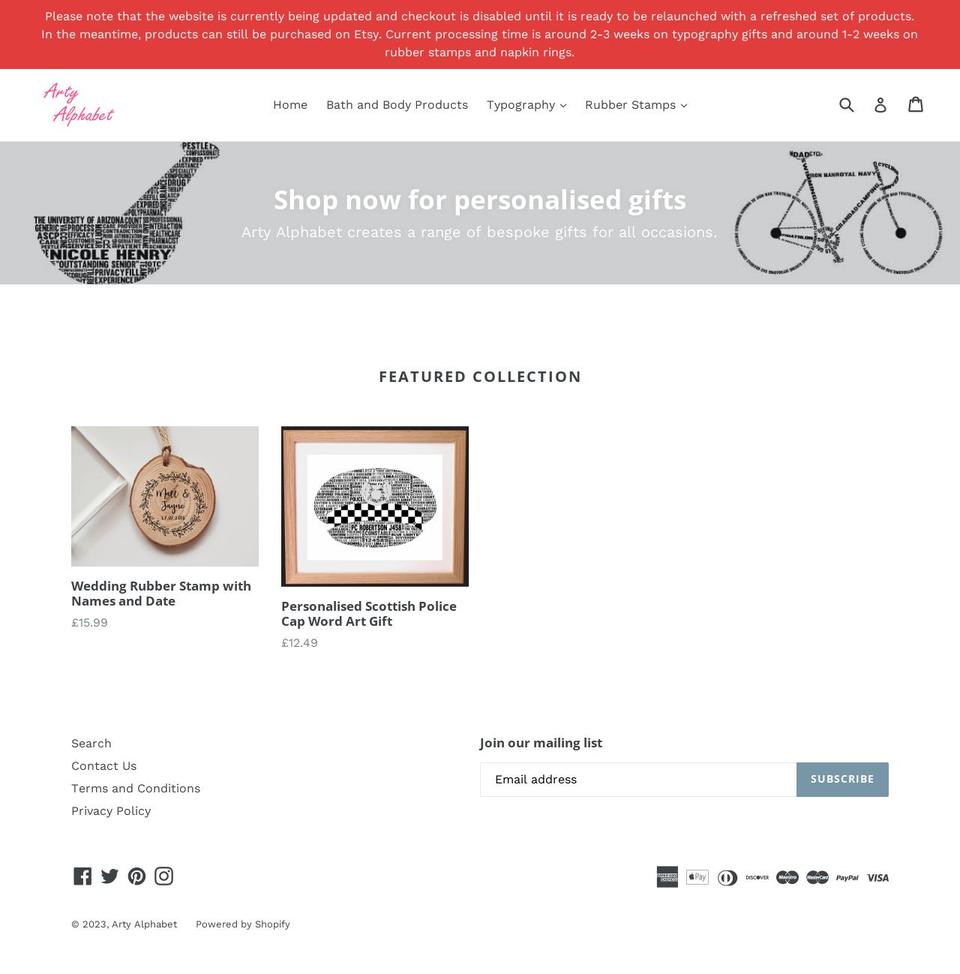 artyalphabet.uk shopify website screenshot