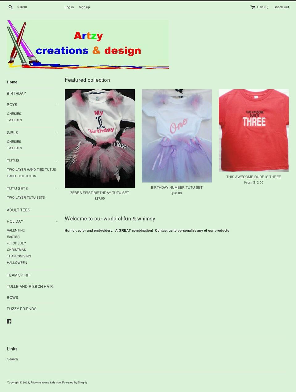 artzycreationsdesign.com — Shopify storefront screenshot