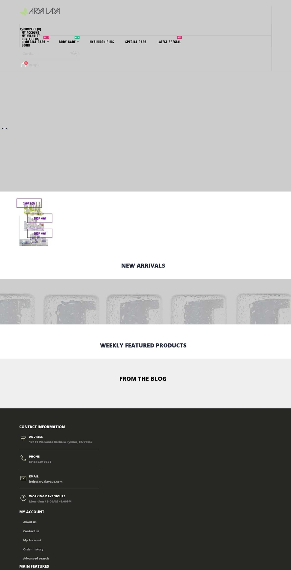aryalayaus.com shopify website screenshot