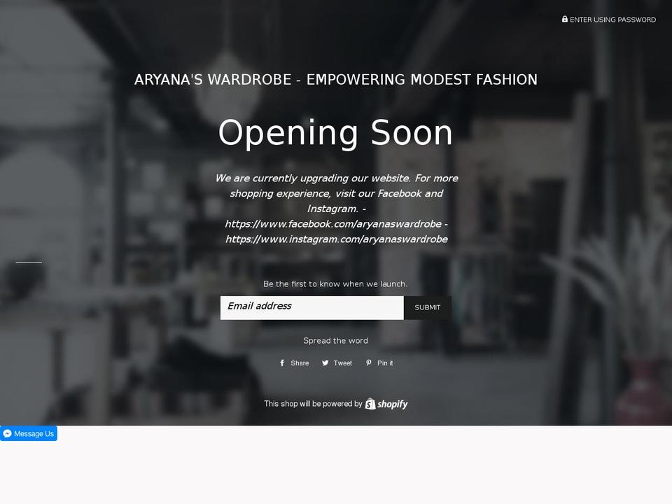 aryanaswardrobe.com shopify website screenshot