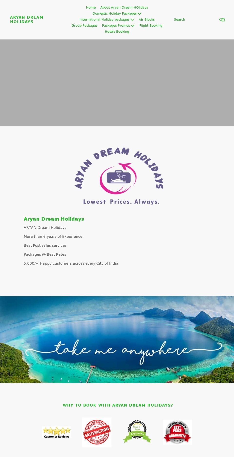 aryandreamholidays.com shopify website screenshot