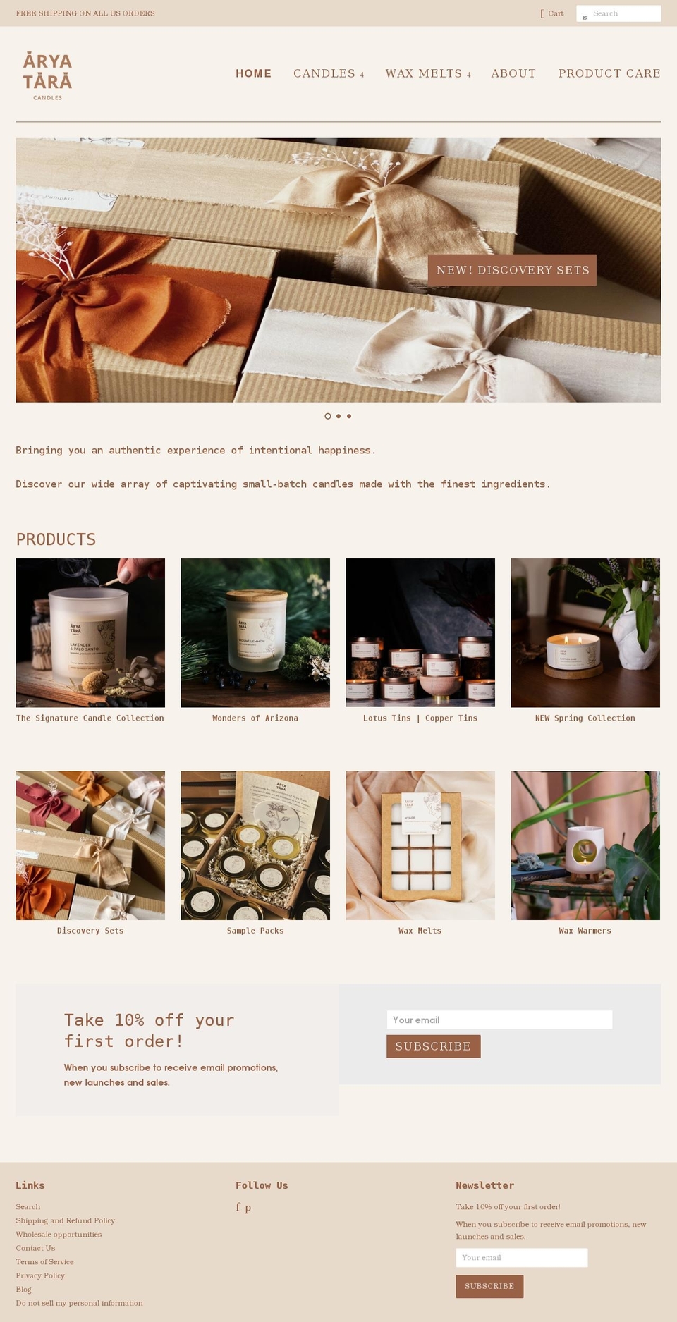 aryataracandles.com shopify website screenshot