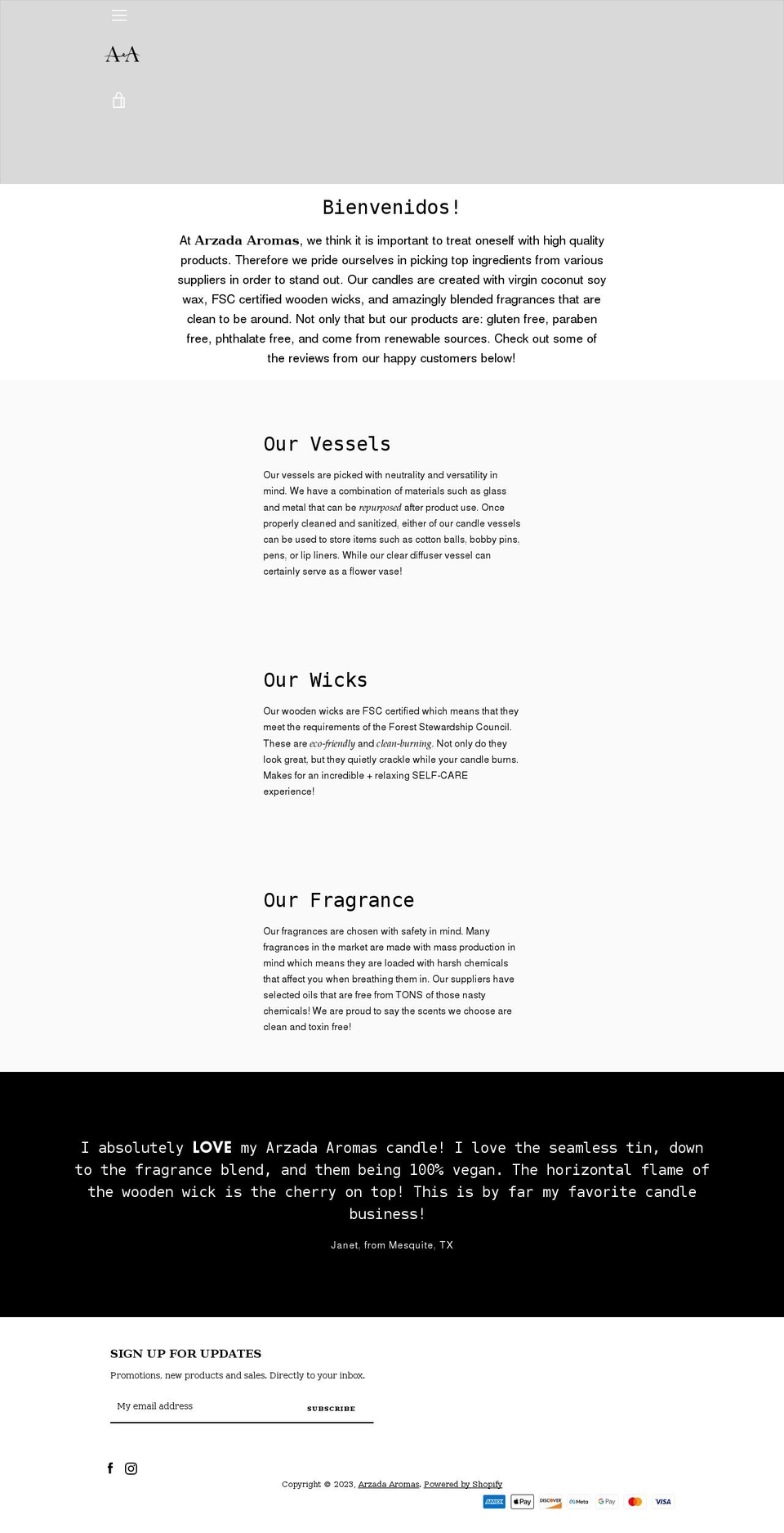 arzadaaromas.com shopify website screenshot