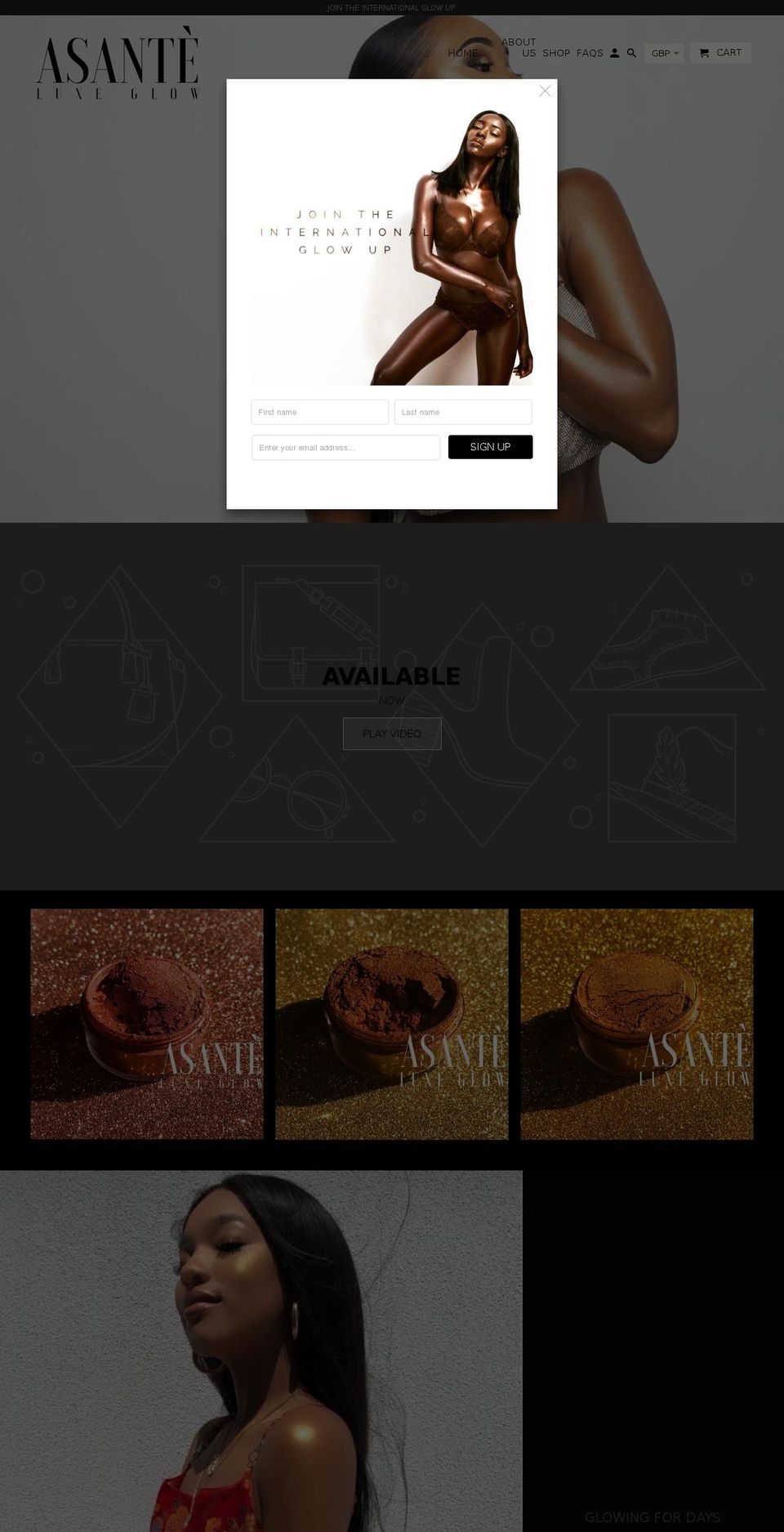 asanteluxeglow.com — Shopify storefront screenshot