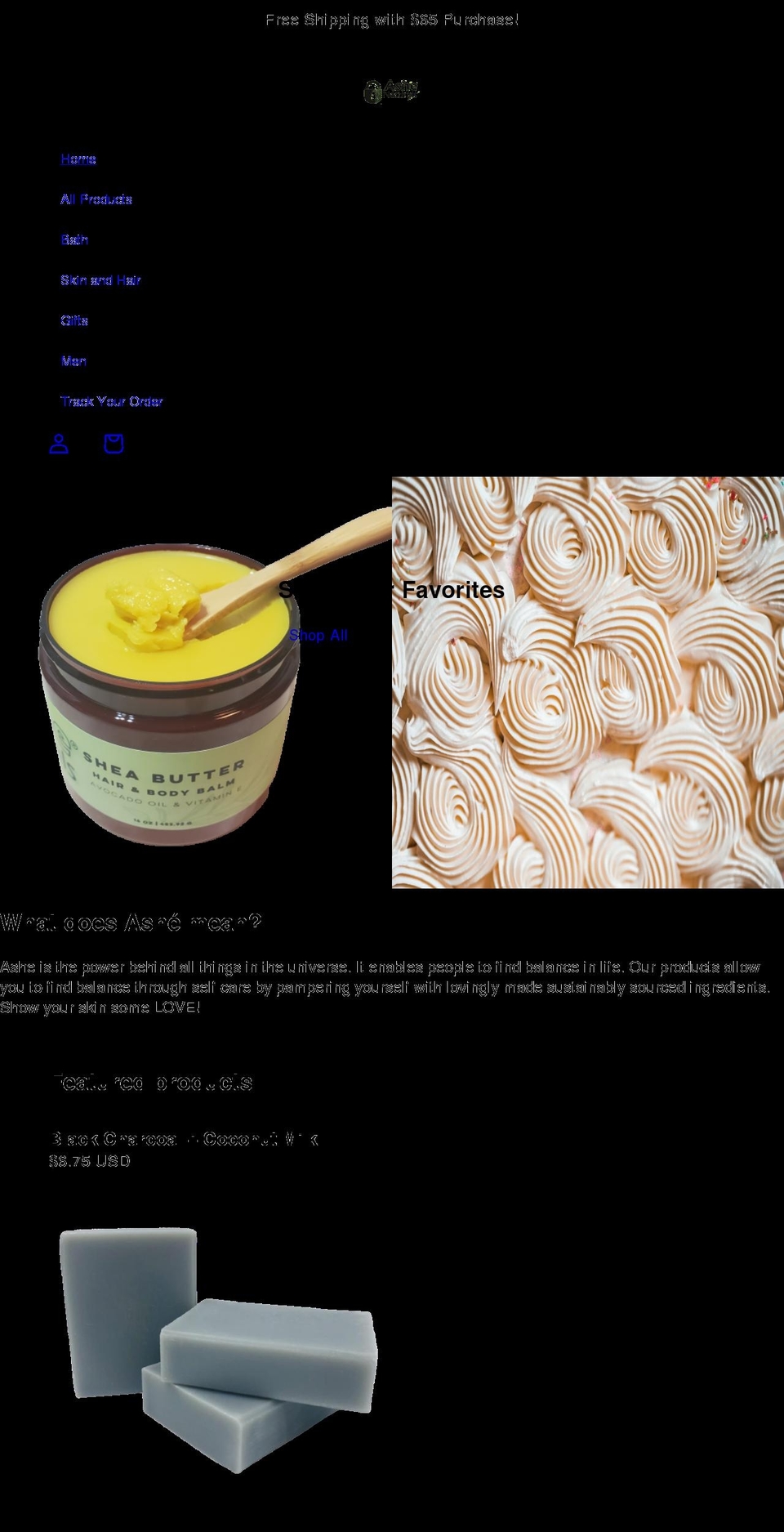 ashenaturals.com shopify website screenshot