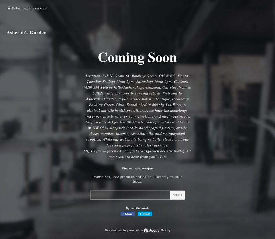 asherahsgarden.com shopify website screenshot