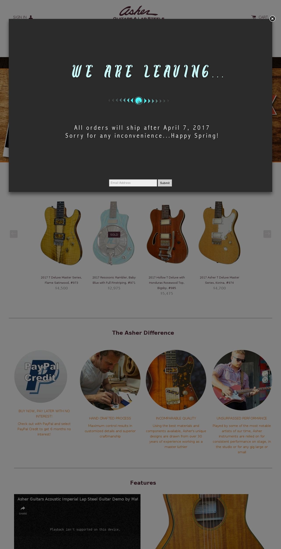 asherguitars.com shopify website screenshot