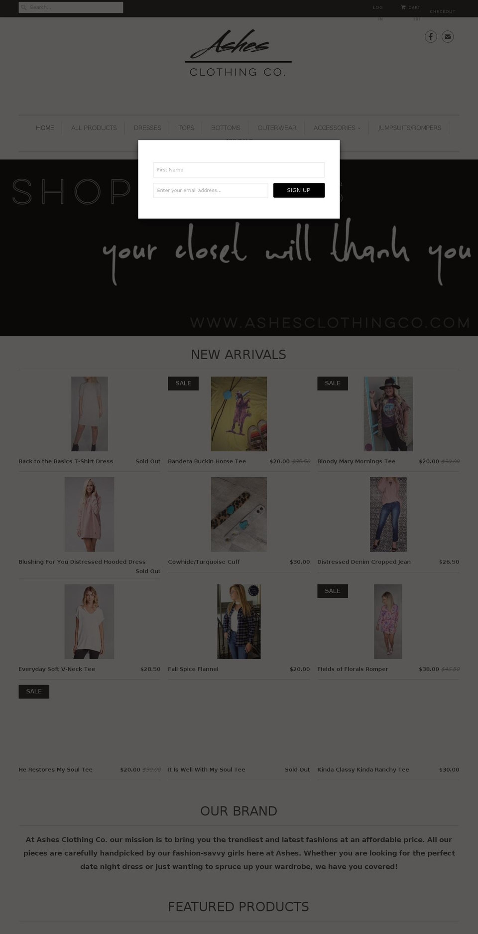 ashesclothingco.com shopify website screenshot