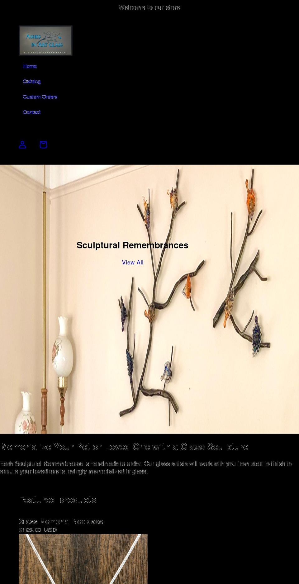 ashesinartglass.com shopify website screenshot