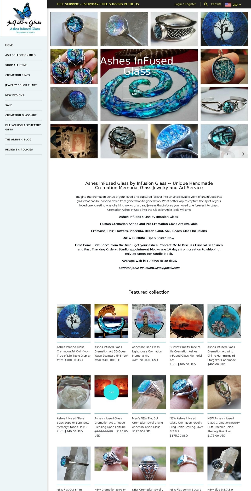 ashesinfusedglass.com — Shopify storefront screenshot