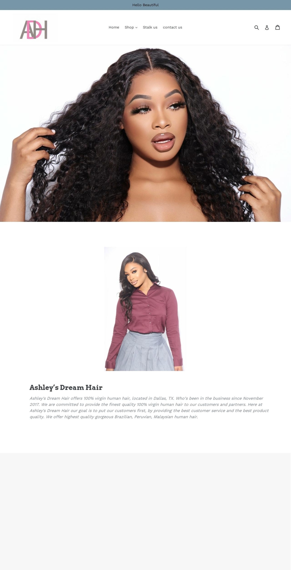 ashleydreamhair.com shopify website screenshot
