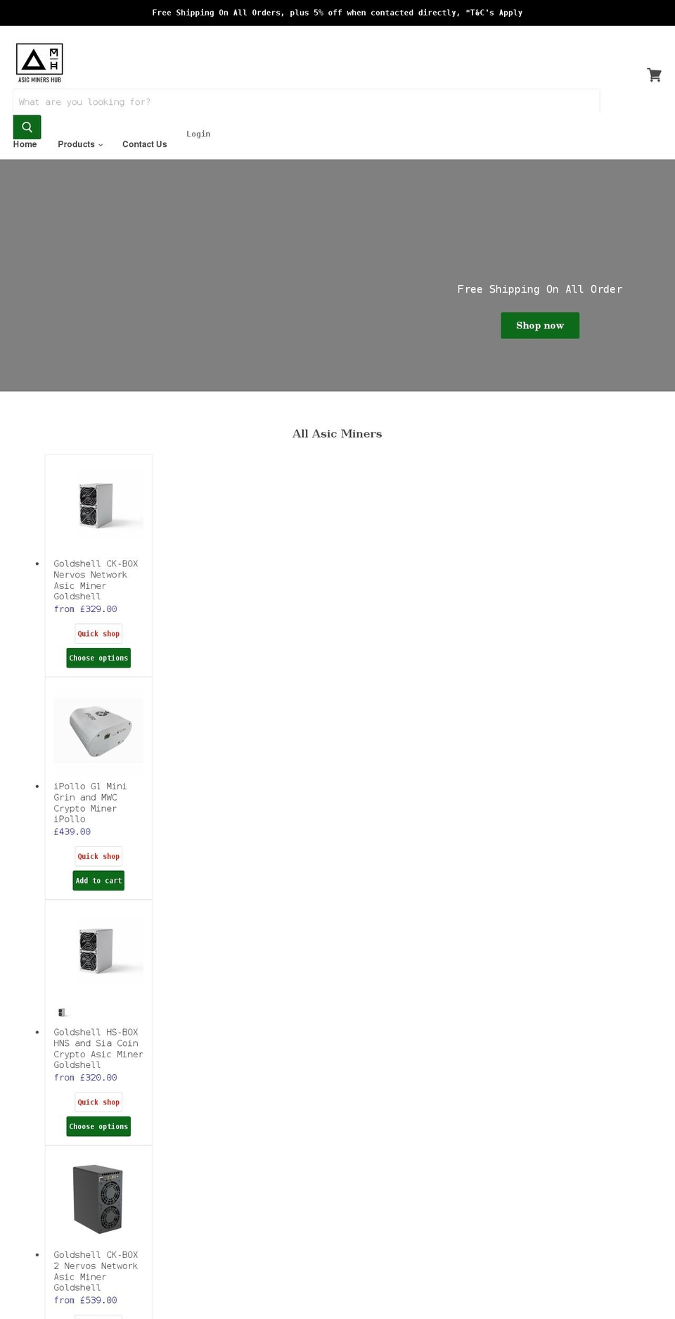 asicminershub.com shopify website screenshot