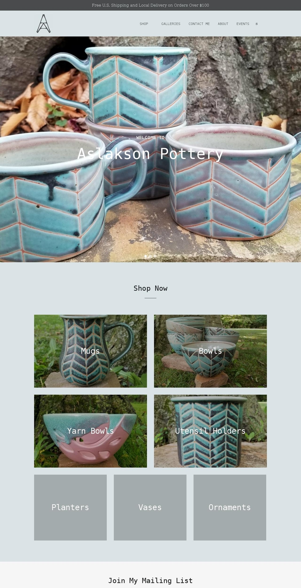 aslaksonpottery.com shopify website screenshot
