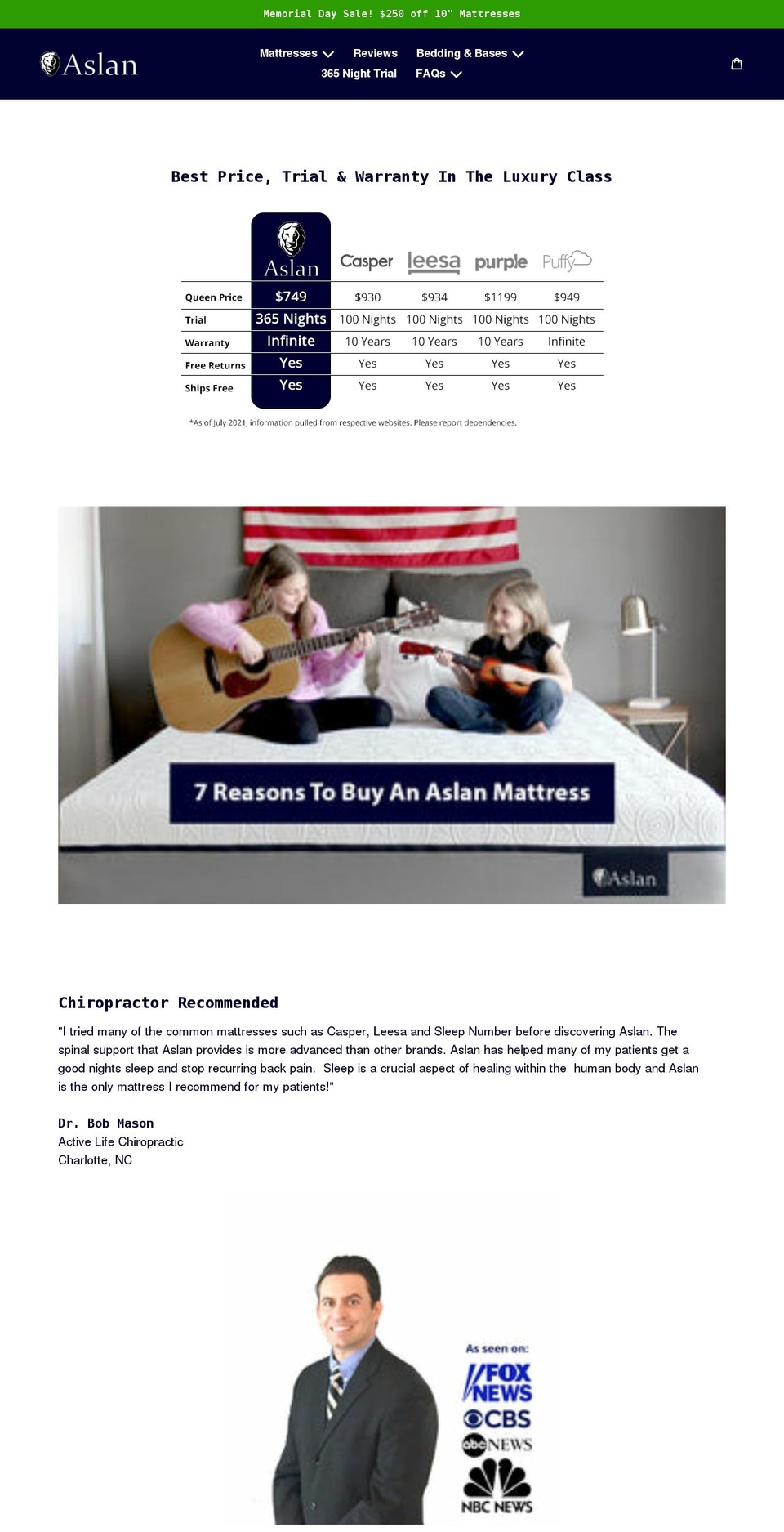aslanmattress.com — Shopify storefront screenshot