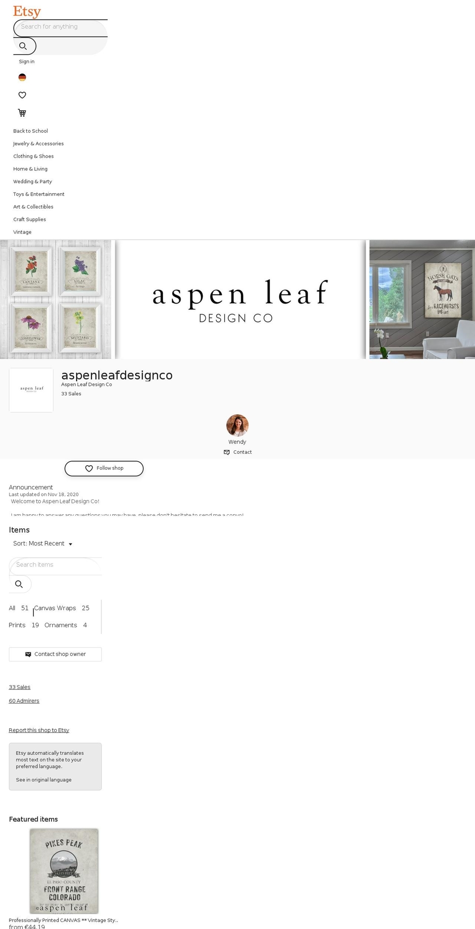 aspenleafdesignco.com — Shopify storefront screenshot