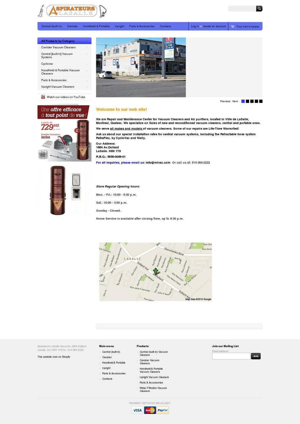 aspirateurscentralmontreal.com shopify website screenshot