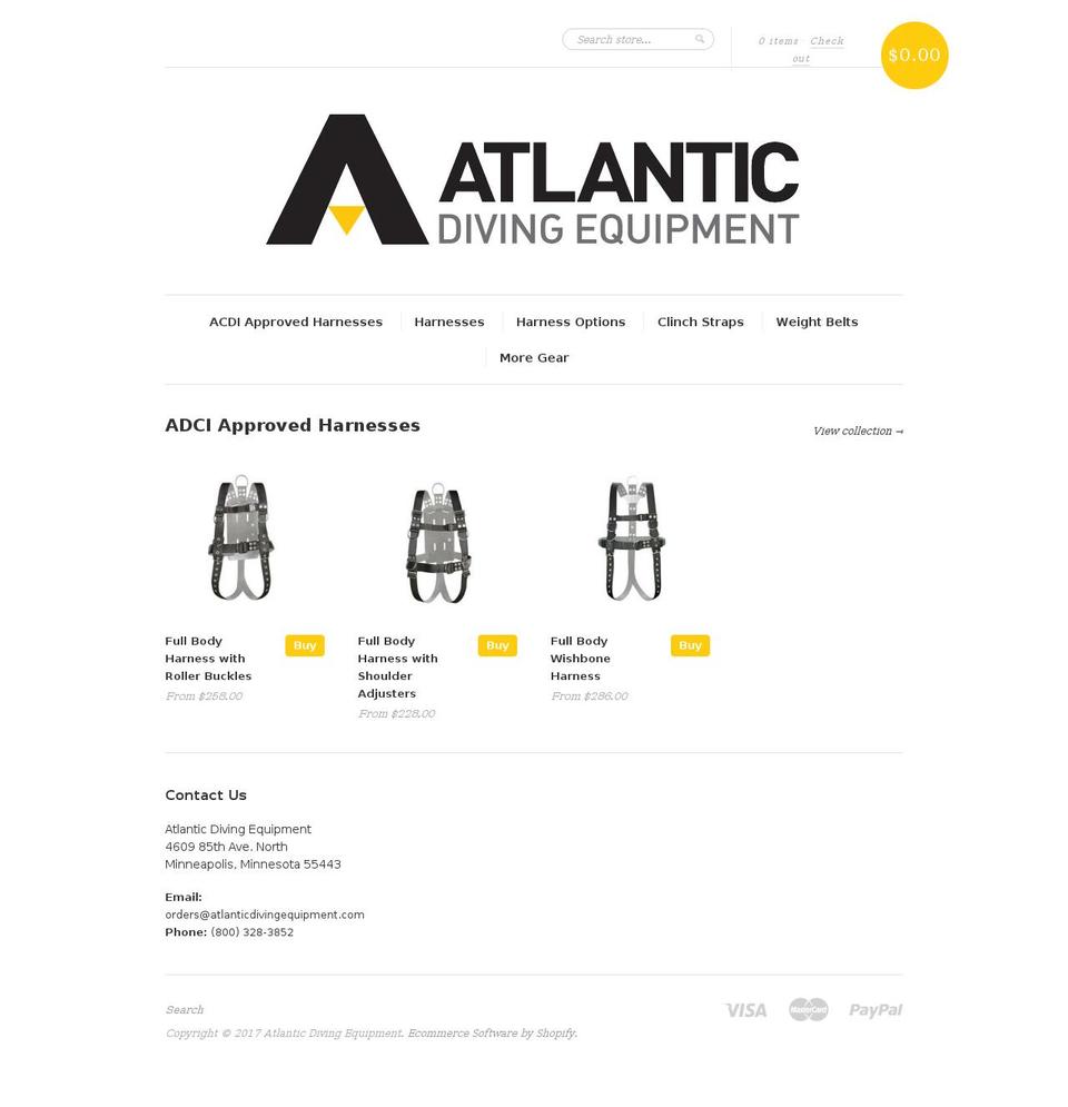 atlanticdiveharness.com shopify website screenshot