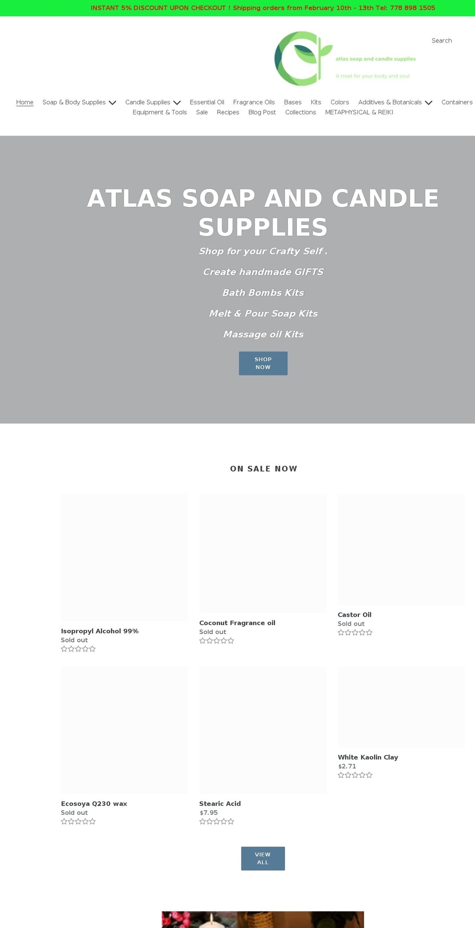 atlassoapandcandlesupplies.com shopify website screenshot