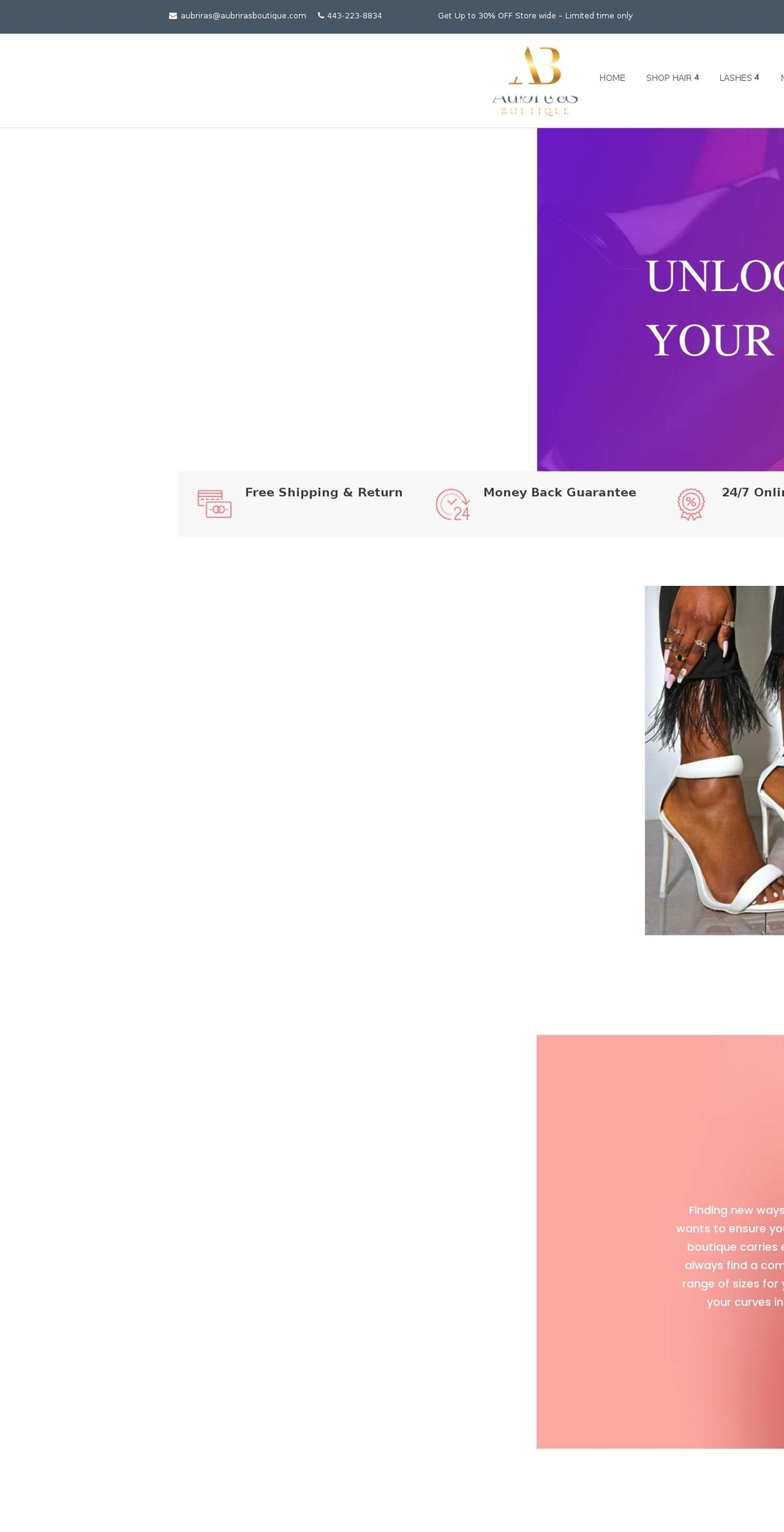 Shopify hair theme  with Installments message Shopify theme site example aubrirasboutique.com