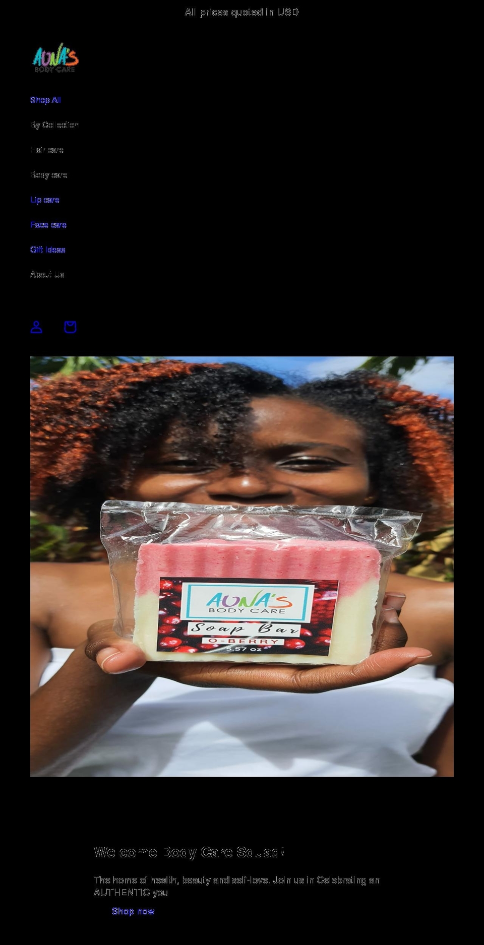 aunasbodycare.com shopify website screenshot