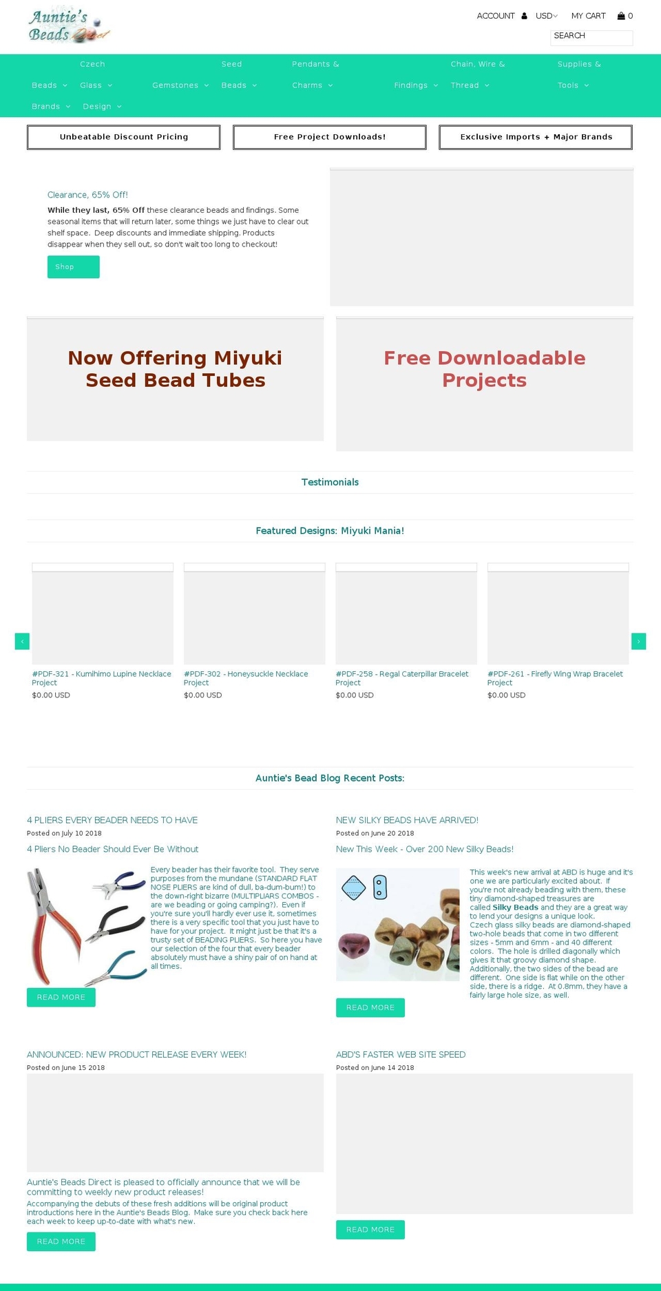 auntiesbeads.com — Shopify storefront screenshot
