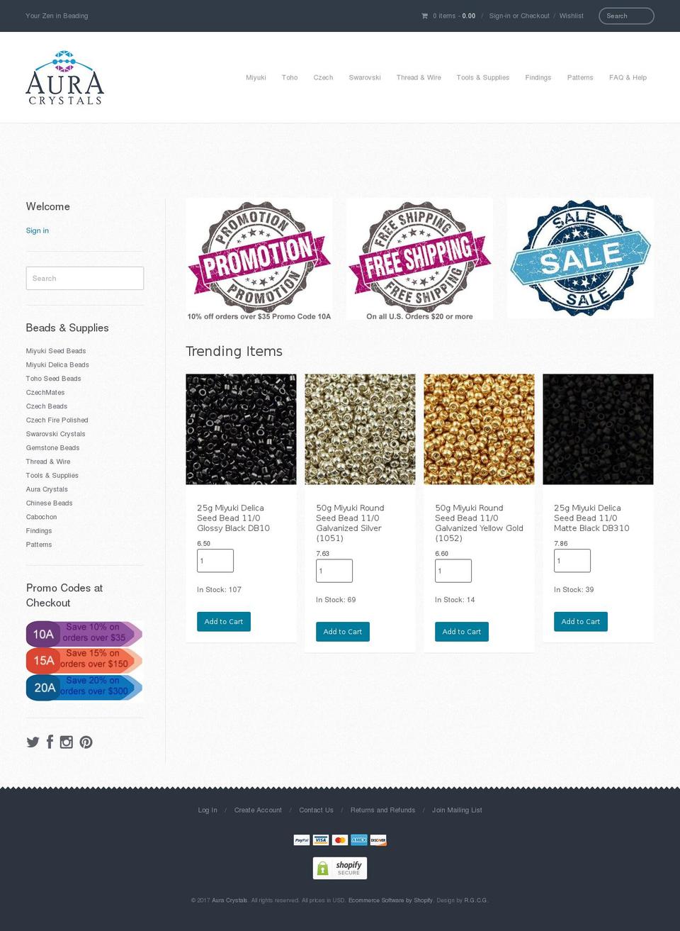 auracrystals.com shopify website screenshot