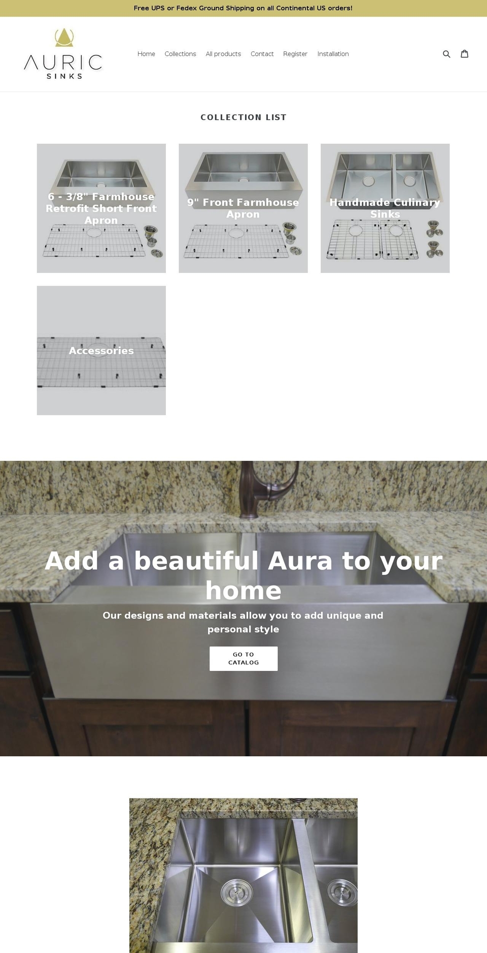 auricsinks.com shopify website screenshot