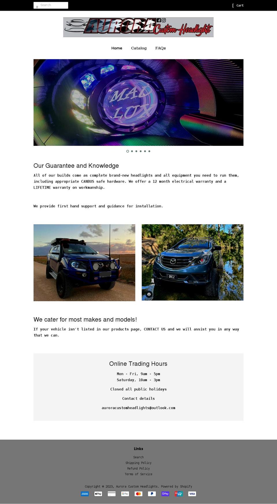 auroracustomheadlights.com shopify website screenshot