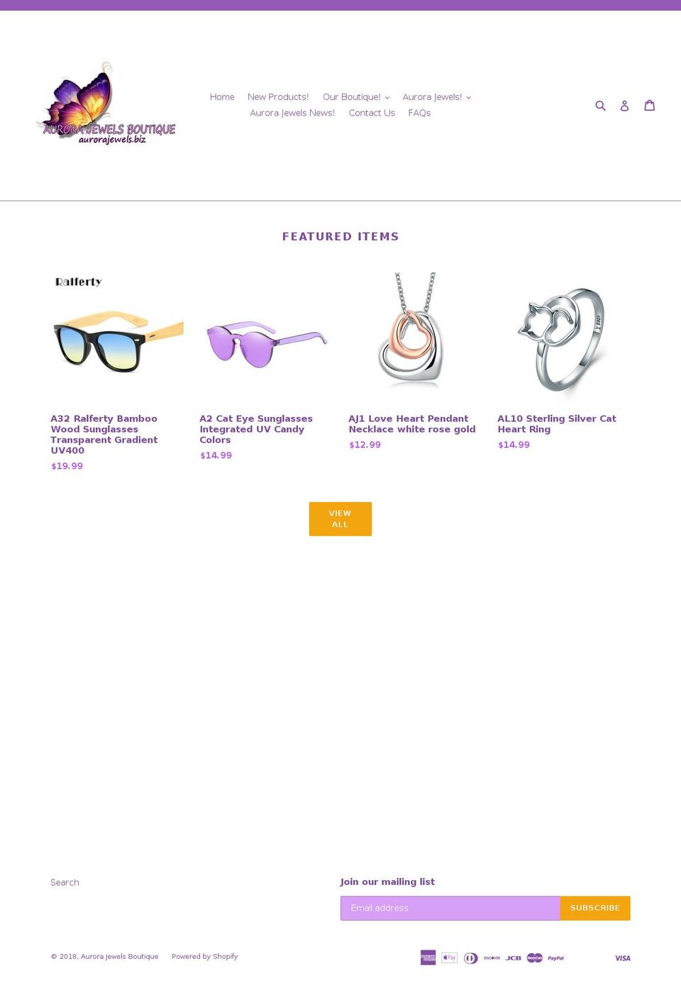 aurorajewels.biz shopify website screenshot