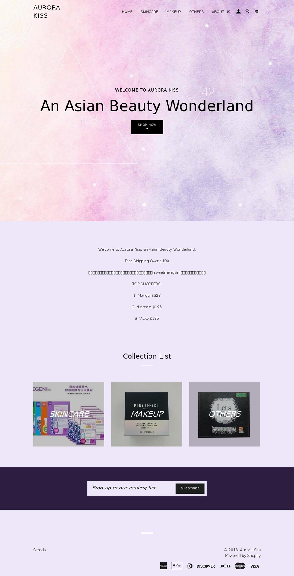 aurorakisscosmetics.com — Shopify storefront screenshot