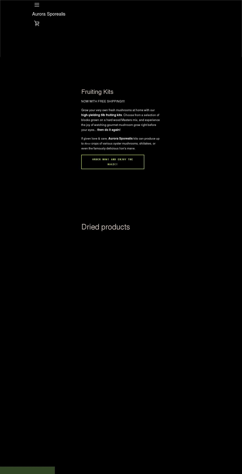 aurorasporealis.com shopify website screenshot
