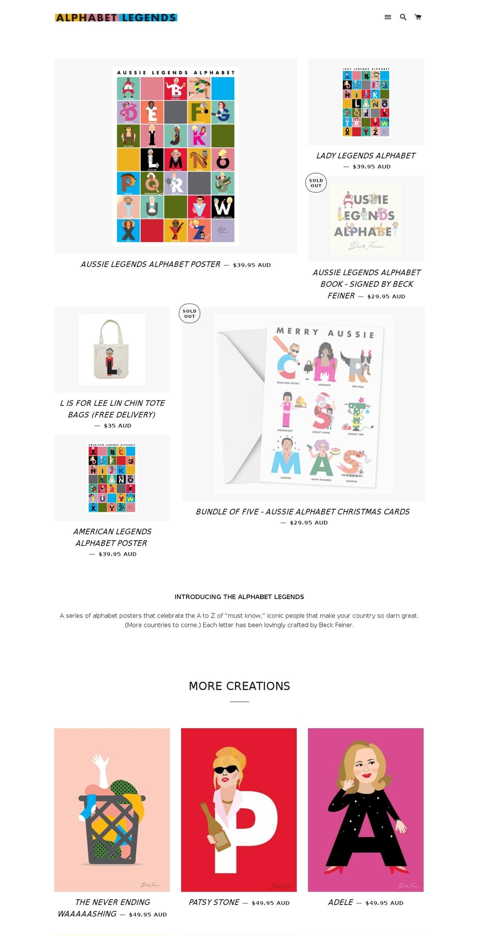 aussielegendsalphabet.com — Shopify storefront screenshot