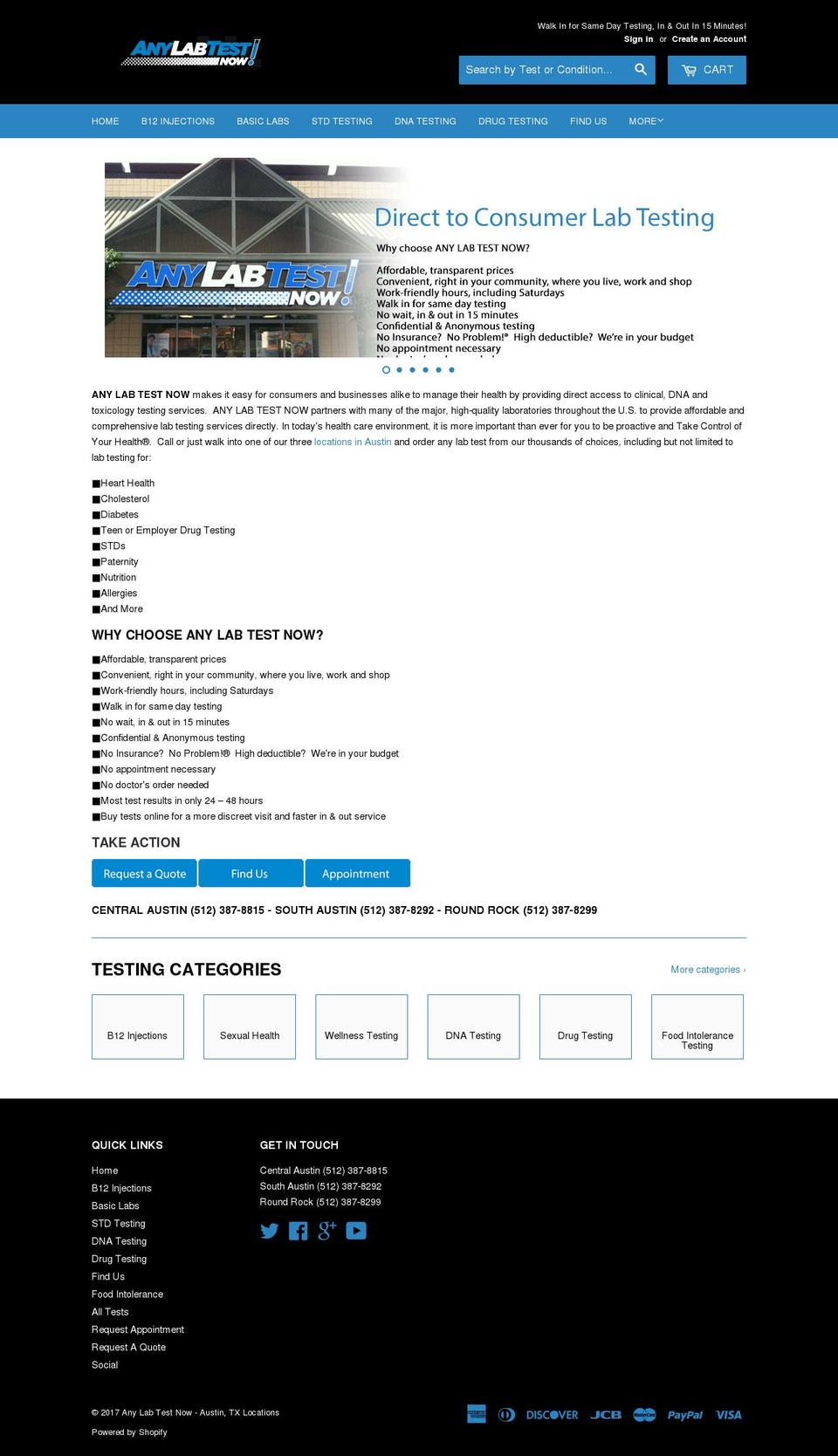 austinlabtesting.com shopify website screenshot