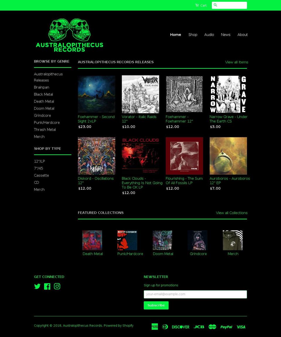 australopithecusrecords.com — Shopify storefront screenshot