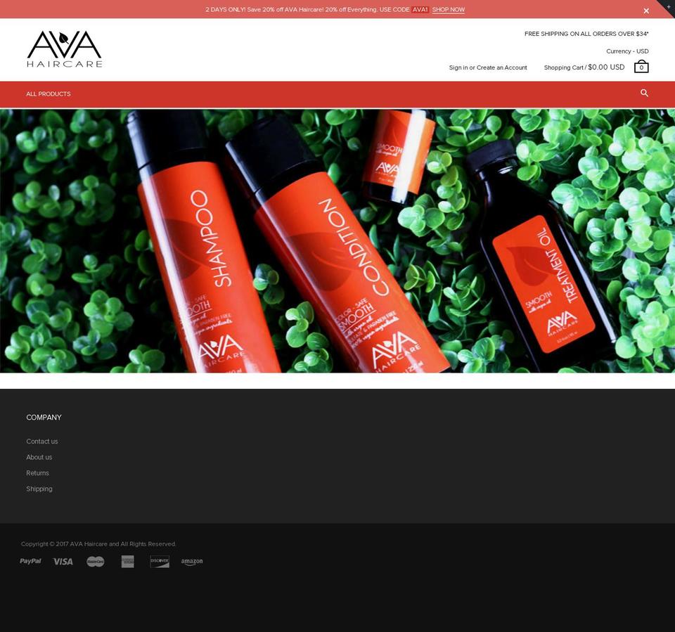 avahaircare.com shopify website screenshot