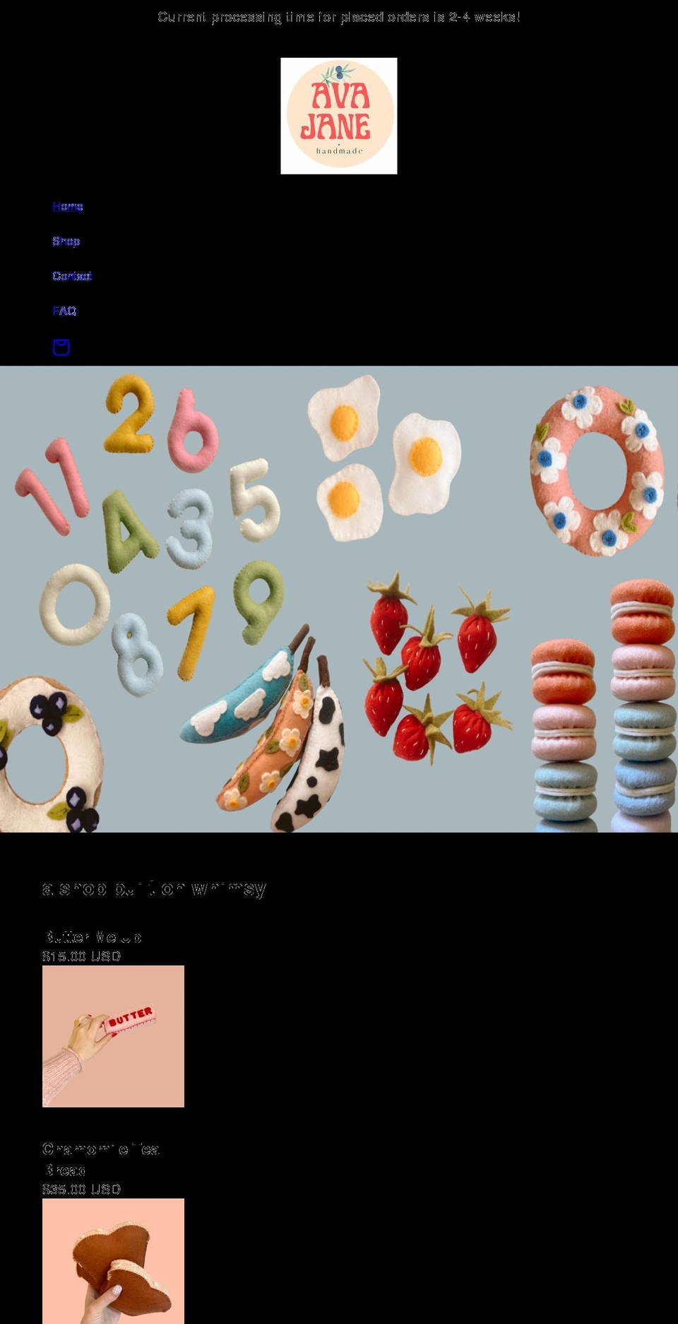 avajanemade.com shopify website screenshot