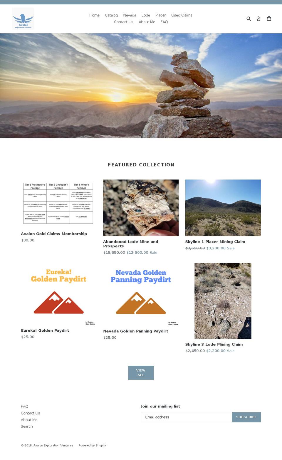 avalongoldclaims.com — Shopify storefront screenshot