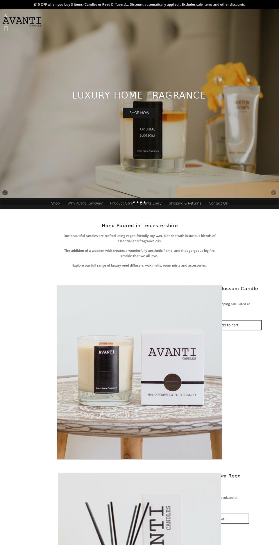 avanti-candles.com — Shopify storefront screenshot