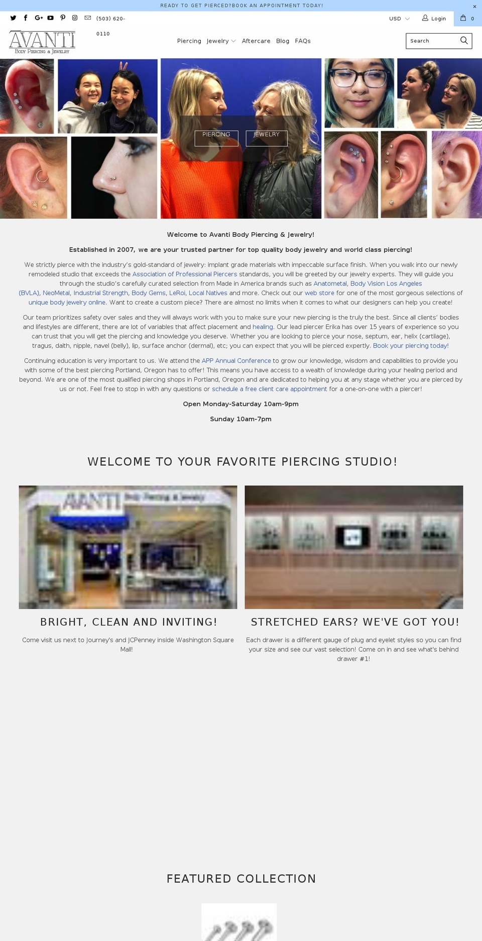 avantibodypiercing.com — Shopify storefront screenshot