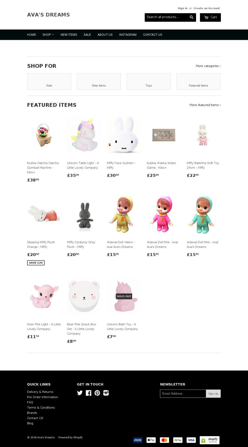avasdreams.com — Shopify storefront screenshot