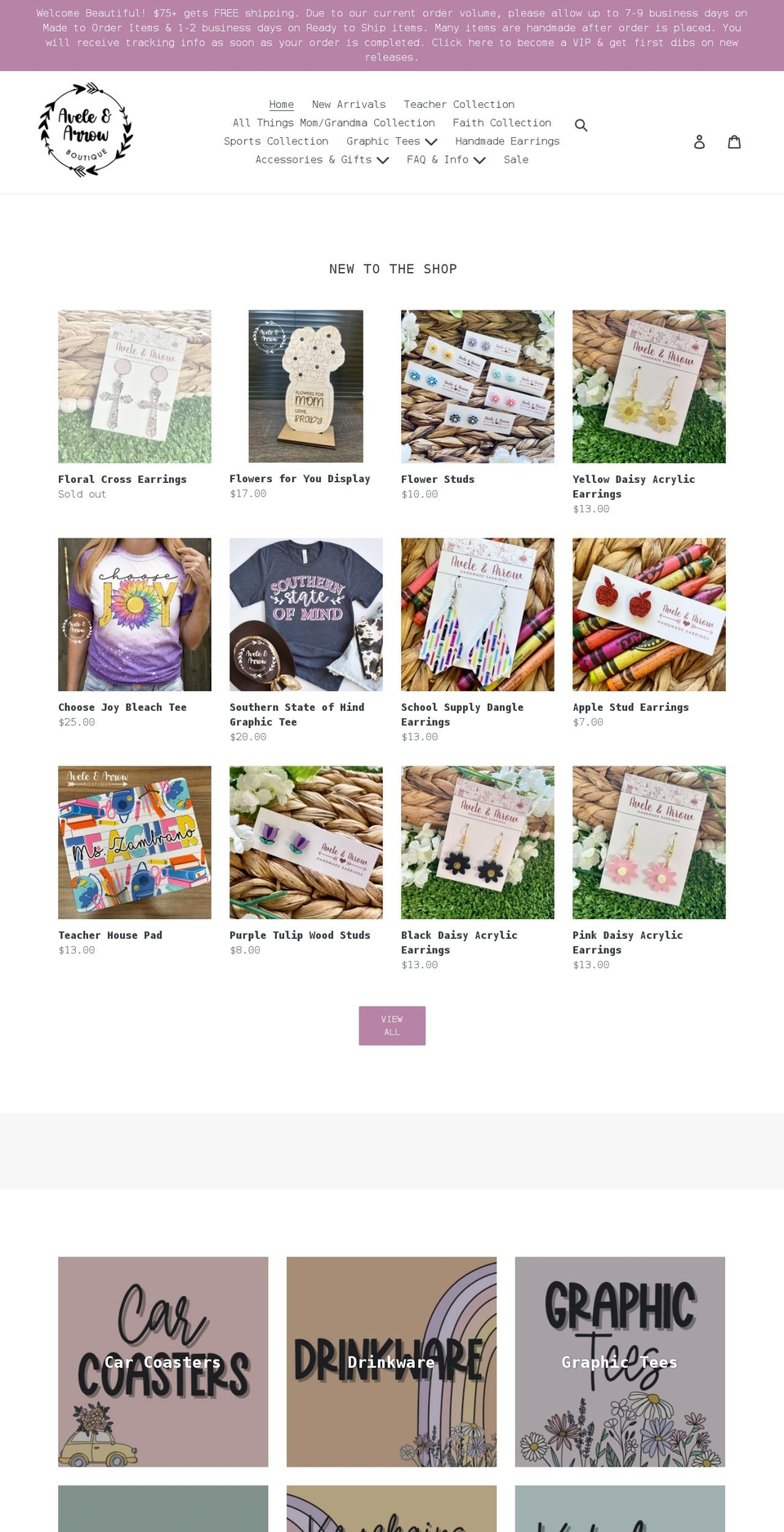 aveleandarrowboutique.com shopify website screenshot