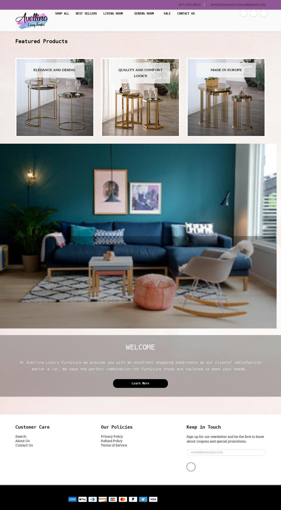 avellinoluxuryfurniture.com shopify website screenshot