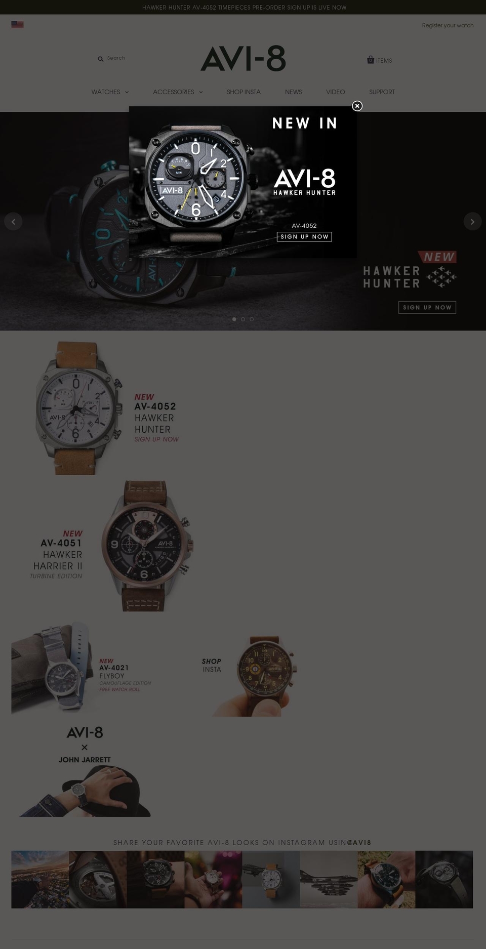 avi-8watches.com shopify website screenshot