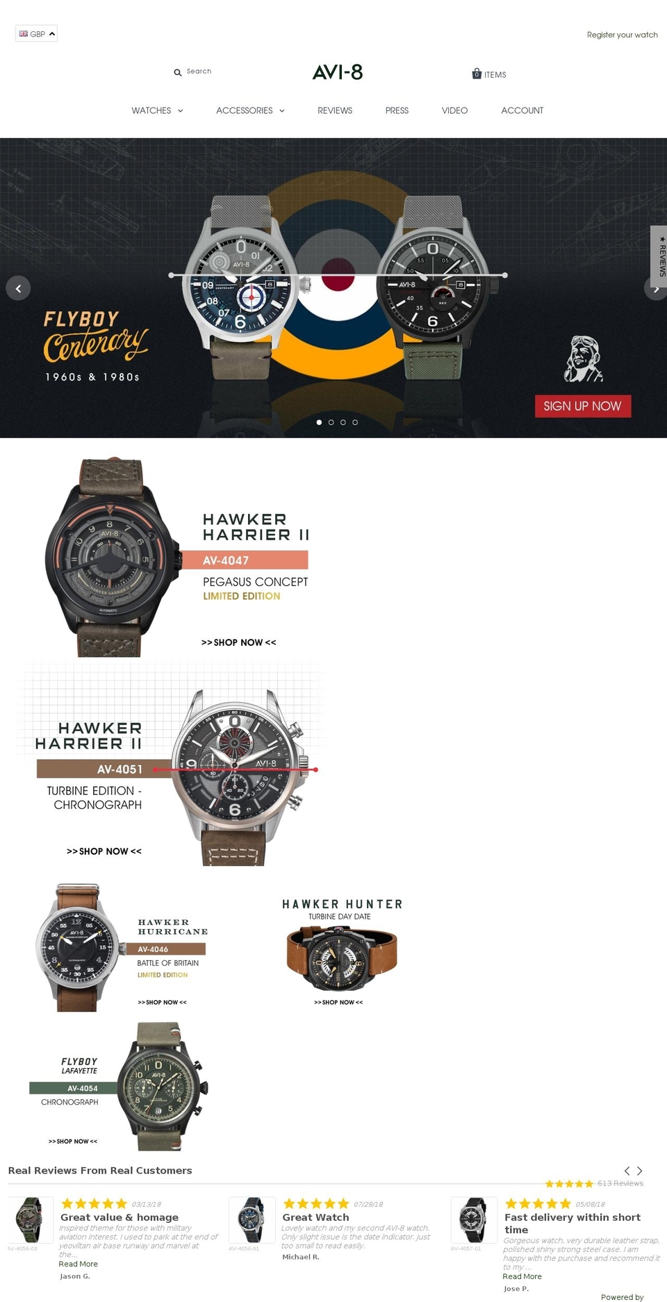 avi8-watches.com — Shopify storefront screenshot
