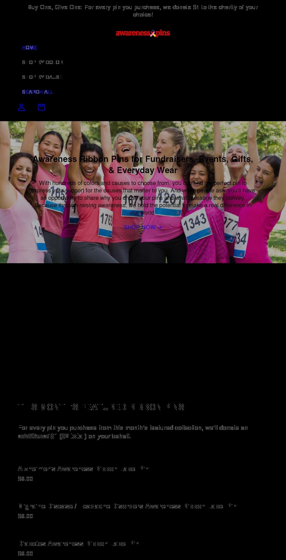 awarenessribbonpins.com shopify website screenshot