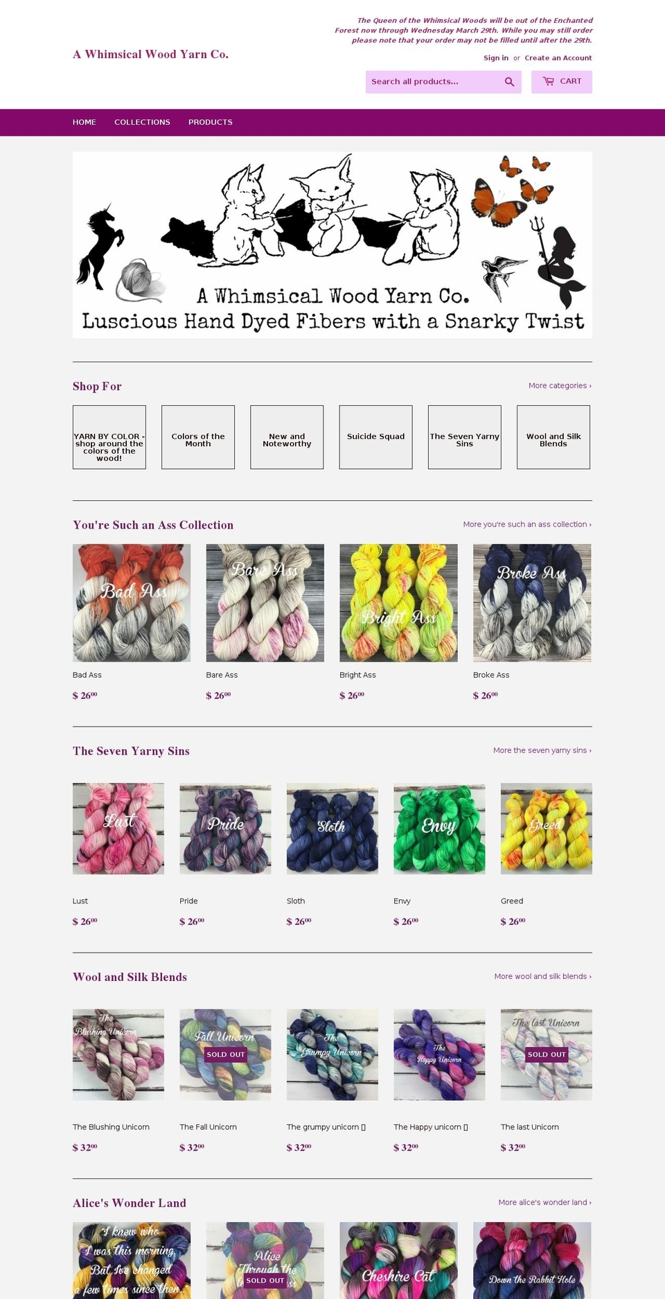 awhimsicalwoodyarnco.com shopify website screenshot