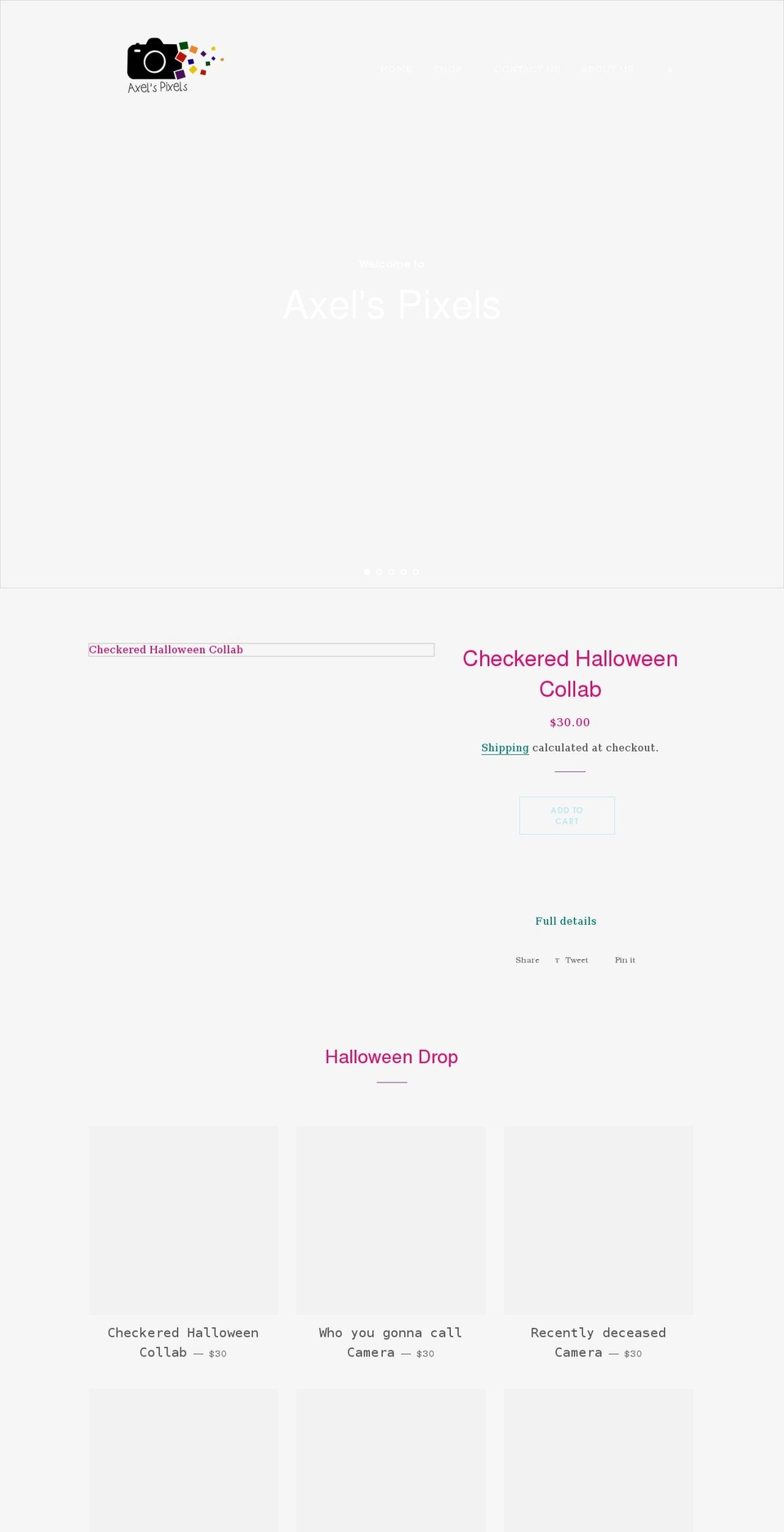 axelspixelscameras.com shopify website screenshot