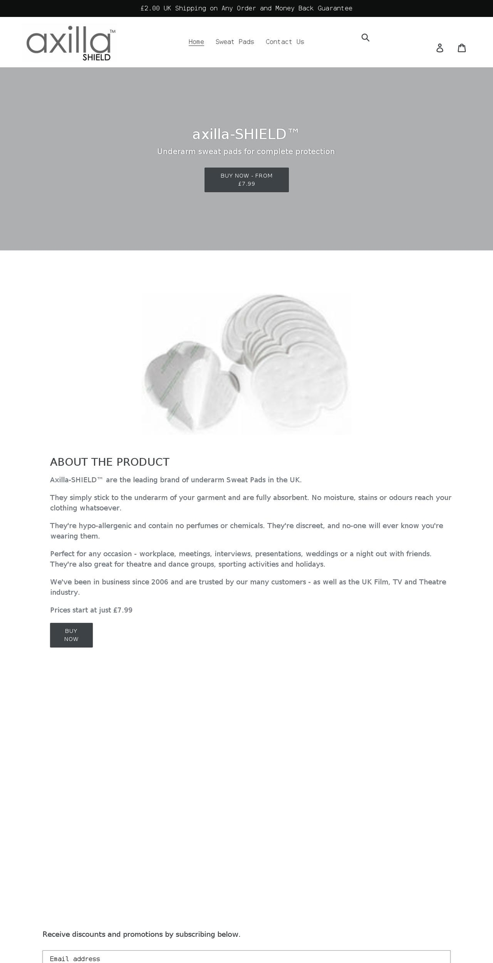 axilla-shield.com shopify website screenshot